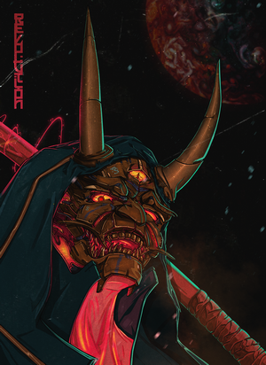 Cyberpunk Oni mask with horns and sword