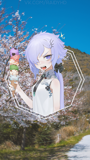 Anime girl with ice cream in front of cherry blossoms