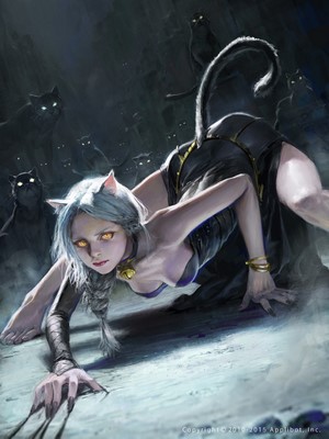 Cat girl with multiple black cats in a dark environment