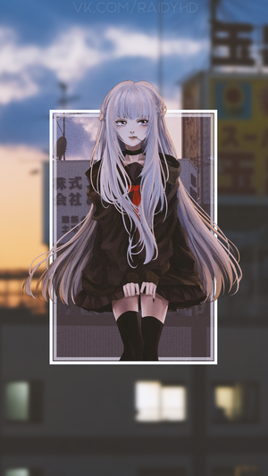 Anime girl with long white hair and red ribbon