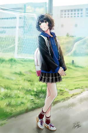 Anime girl with dark hair and green eyes wearing school uniform