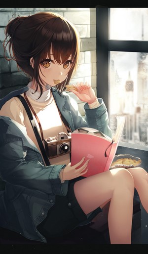 Anime girl with brown hair eating chips and reading a book