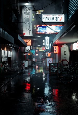 Wet Japanese City Street at Night with Neon Signs