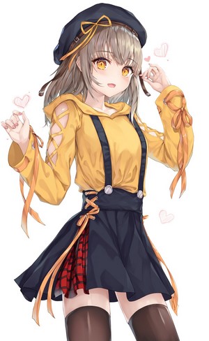 Anime girl with yellow eyes wearing a beret and yellow hoodie