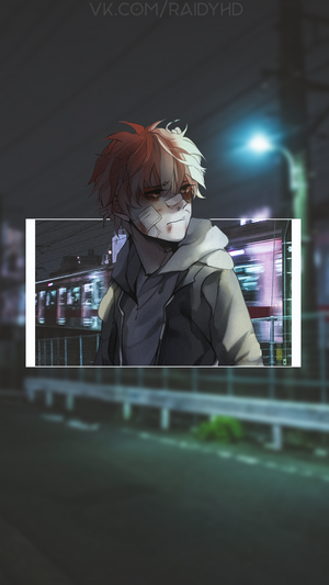 Anime boy with bandages and red and white hair