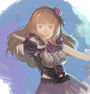 Anime girl with brown hair and purple outfit