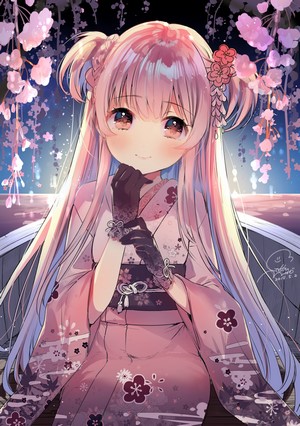 Anime Girl in Kimono with Cherry Blossoms
