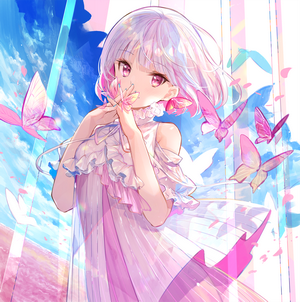 Girl with white hair and pink eyes surrounded by butterflies