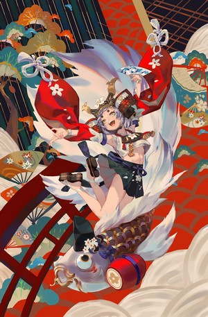Anime girl with fox tails riding a koi fish