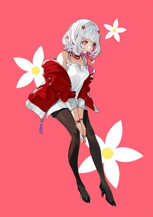 Anime girl with white hair and red eyes, flowers