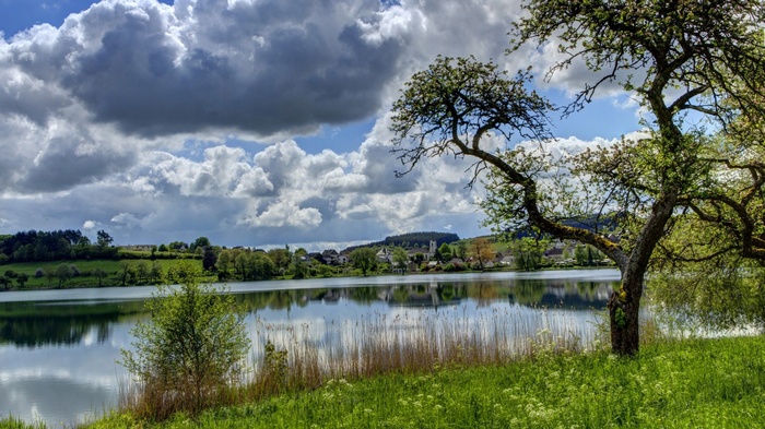 Lake with village and trees under cloudy sky
