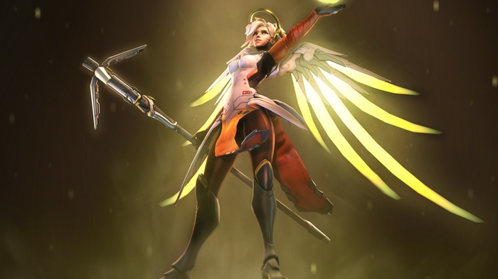 Mercy from Overwatch with wings and staff