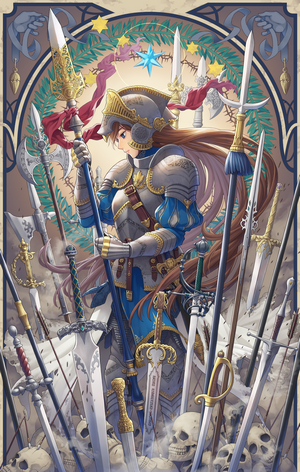 Anime girl in armor holding a spear surrounded by swords and skulls