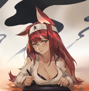 Redhead anime girl with animal ears wearing glasses
