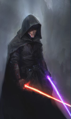 Darth Revan from Star Wars with two lightsabers