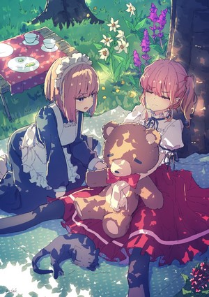 Two anime girls having a picnic with a teddy bear and a cat