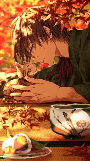 Anime man with cat and autumn leaves