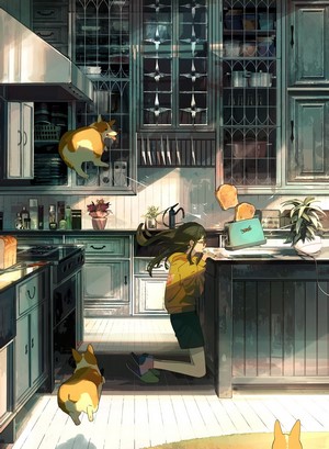 Anime girl in kitchen with corgis and flying toast