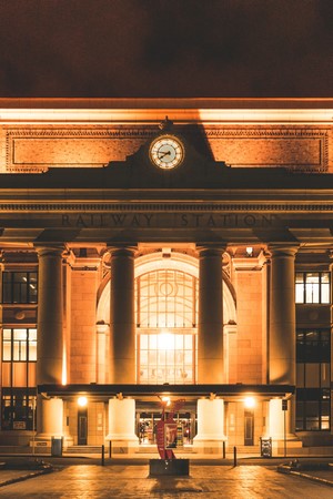 Railway Station at Night with Clock