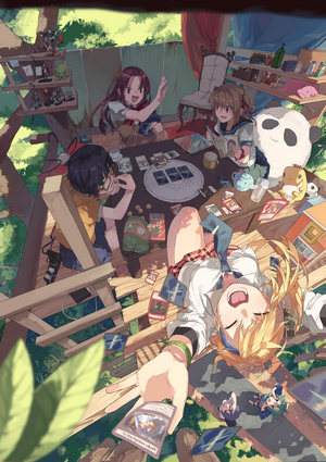 Anime girls playing cards in a treehouse