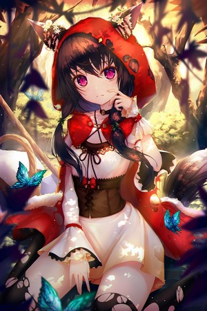 Anime girl with red hood and animal ears in forest