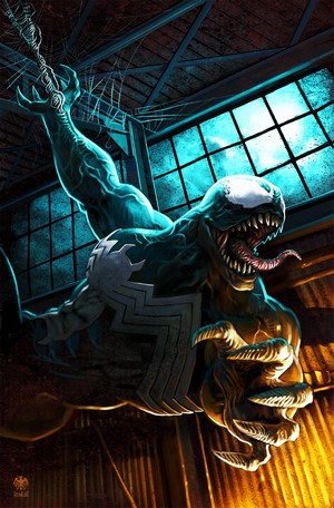 Venom hanging from a web in a dark industrial building