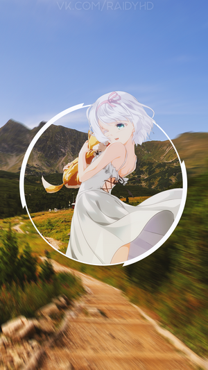 Anime girl with white hair holding a fox in a mountain landscape