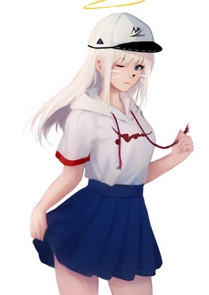 Anime girl with white hair, blue eyes, and cat whiskers