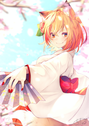 Fox girl in kimono with cherry blossoms and fan