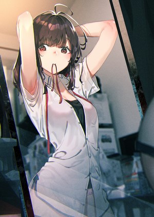 Girl with dark hair tying her hair in a mirror