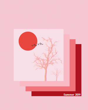 Glitch art of a red sun and bare trees in summer