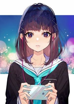 Anime girl with headphones playing a handheld console