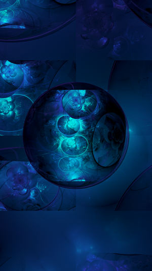 Abstract fractal art with blue and teal spheres