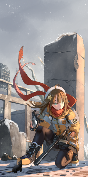 Anime girl with rifle in ruined city