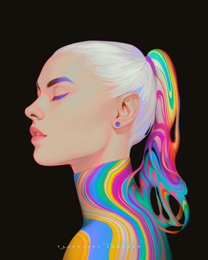 Portrait of a woman with colorful, flowing hair and clothing