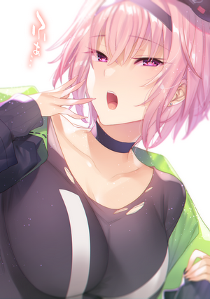 Anime girl with pink hair and pink eyes yawning