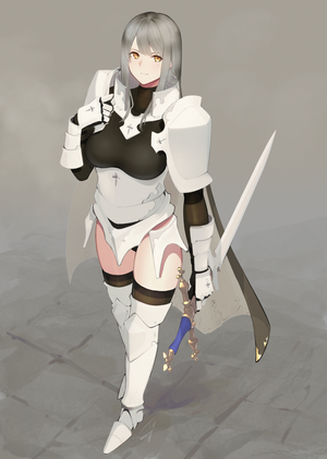 Anime girl in white armor holding a sword
