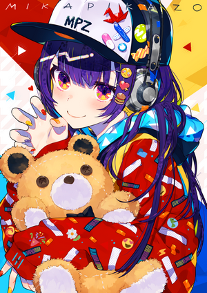 Anime girl with purple hair holding a teddy bear