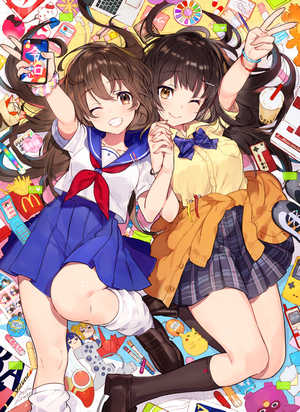 Anime girls taking a selfie with school uniforms and snacks