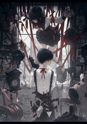 Anime characters with black hair tied with ribbons