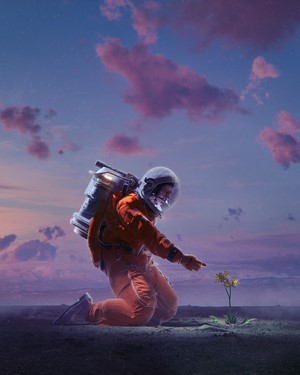 Astronaut kneeling to touch a flower on an alien planet