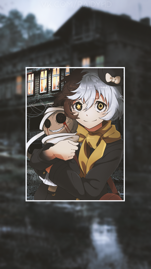 Anime girl holding a doll in front of a house