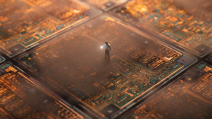 Man on a Microchip Circuit Board 4K