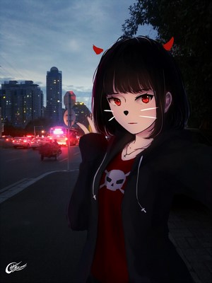 Anime girl with red eyes and devil horns at night
