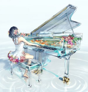 Anime girl playing a piano with fish inside