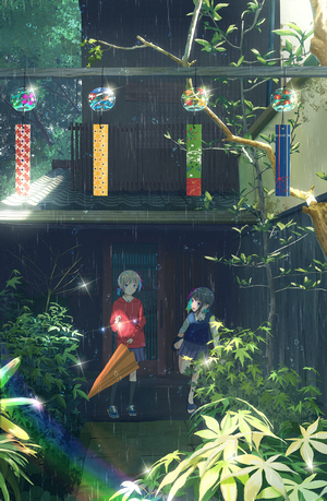 Two anime girls in school uniforms in the rain with wind chimes