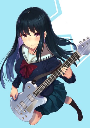 Anime girl with black hair playing guitar