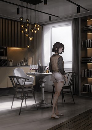 Anime girl with dark hair in a modern room