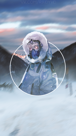 Anime girl in winter gear with gas mask in mountains
