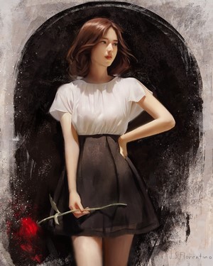 Artwork of an Asian woman holding a rose